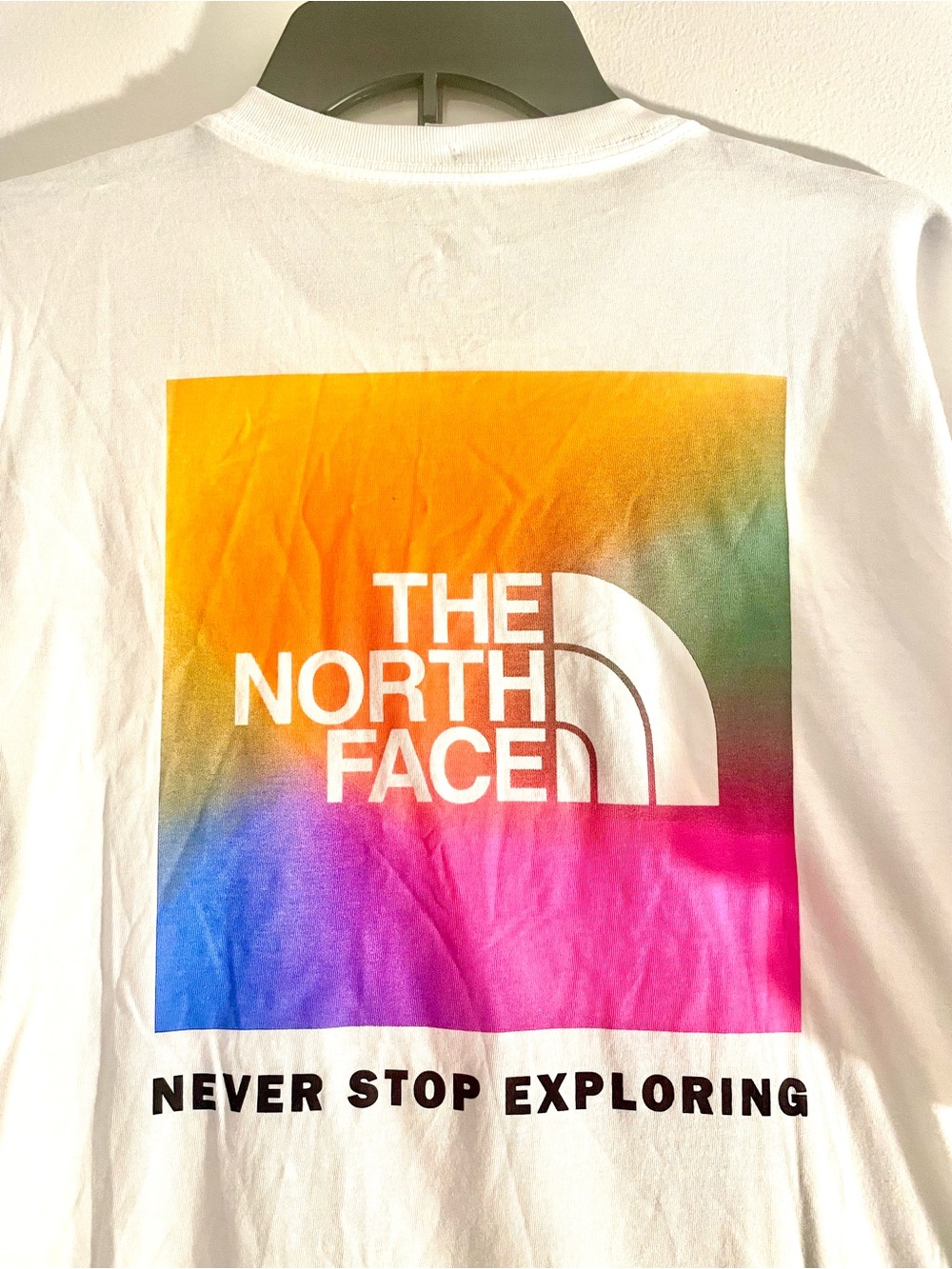 North Face Men’s XL White Long Sleeve Tee with Multicolor Gradient Logo (New)